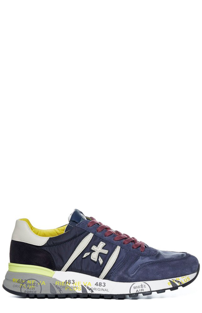 Premiata Lander Sneakers In Blue Suede And Fabric