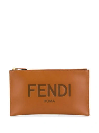 Fendi Debossed Logo Clutch Bag In Brown