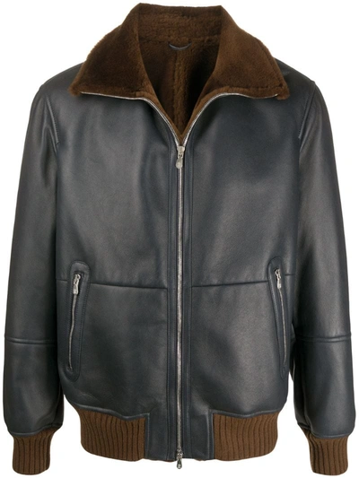 Brunello Cucinelli Leather Bomber Jacket In Blue