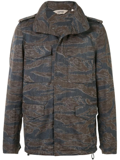 Aspesi Hooded Camouflage Print Jacket In Brown