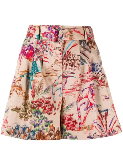 Msgm Graphic-print Belted Shorts In Neutrals