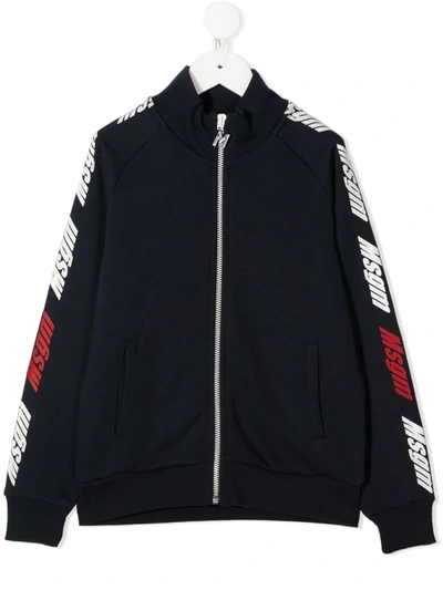 Msgm Kids' Logo Print Zipped Track Jacket In Blue
