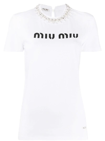 Miu Miu Crystal And Pearl Embellished T-shirt In White
