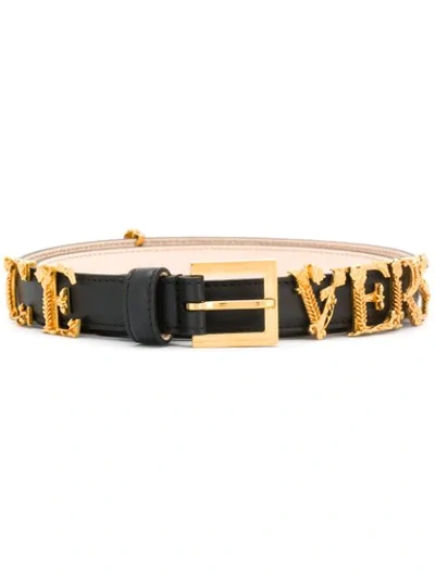 Versace Leather Belt W/ Logo Lettering Hardware In Black