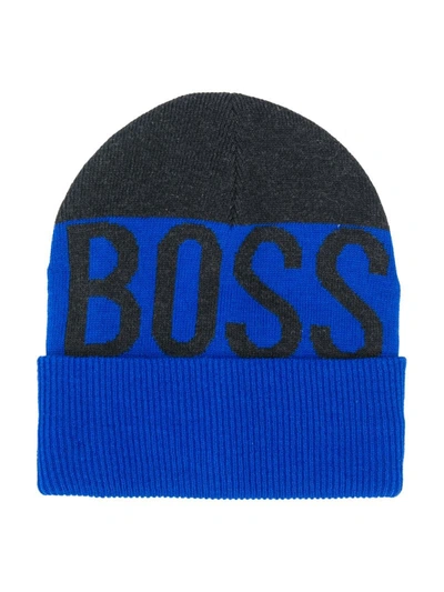 Hugo Boss Kids' Front Logo Knit Beanie In Blue
