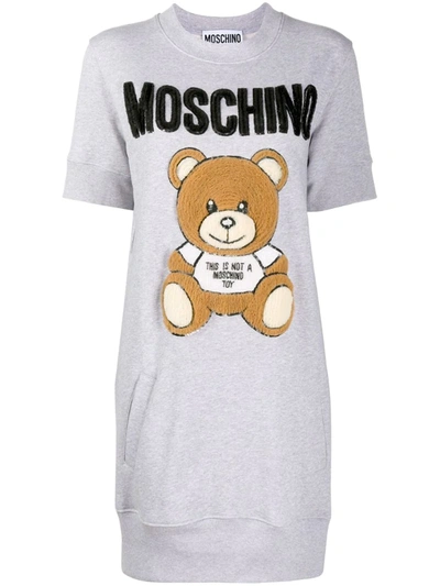 Moschino Teddy Embroidery Fleece Dress In Grey