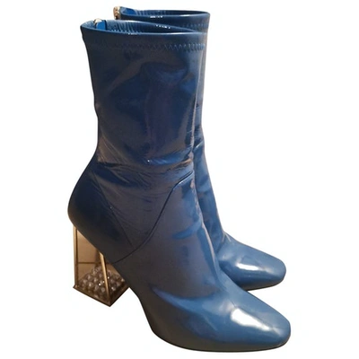 Pre-owned Dior Patent Leather Ankle Boots In Blue