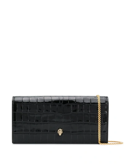 Alexander Mcqueen Skull Crocodile-effect Patent Leather Wallet On Chain In Black