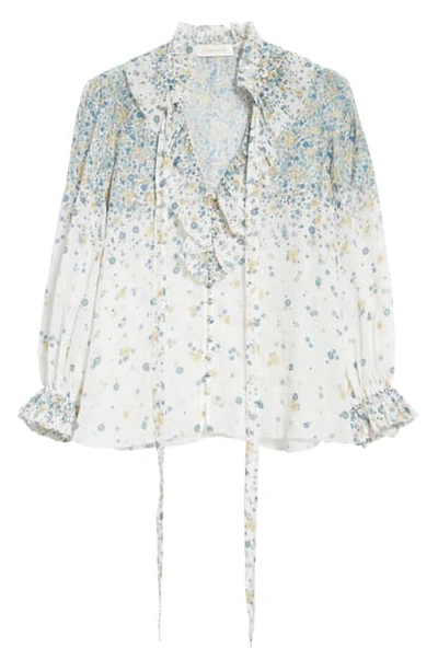 Zimmermann Carnaby Waterfall Floral Ruffle Tie Neck Blouse In Indigo Ditsy