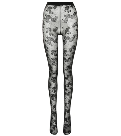 Saint Laurent Floral Lace Tights In Black