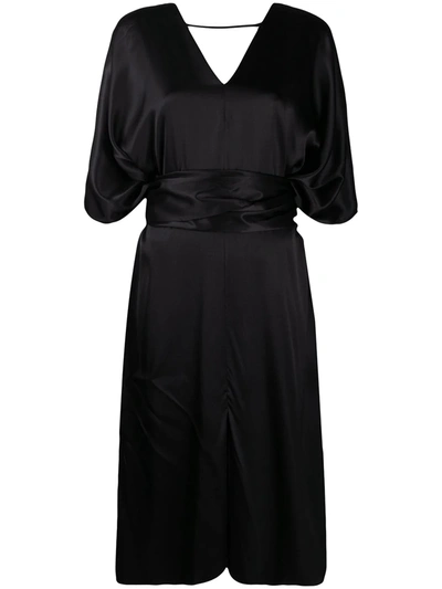 Brunello Cucinelli Waist-tied Midi Silk Dress In Black