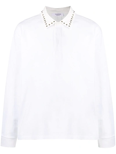 Valentino Rockstud Cotton-piqué Long-sleeved Polo Shirt In White