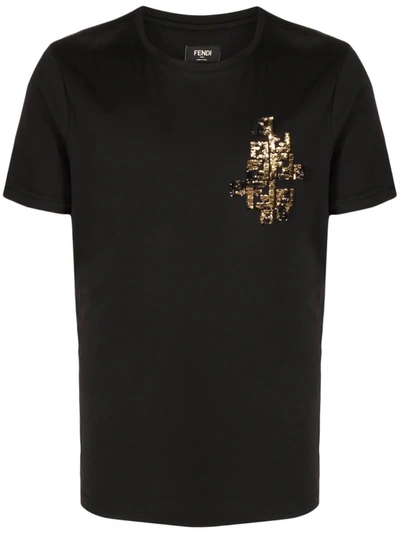 Fendi Ff Logo Sequined T-shirt In Black