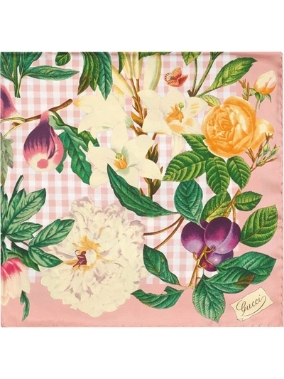 Gucci Flowers And Fruits Print Silk Scarf In Pink