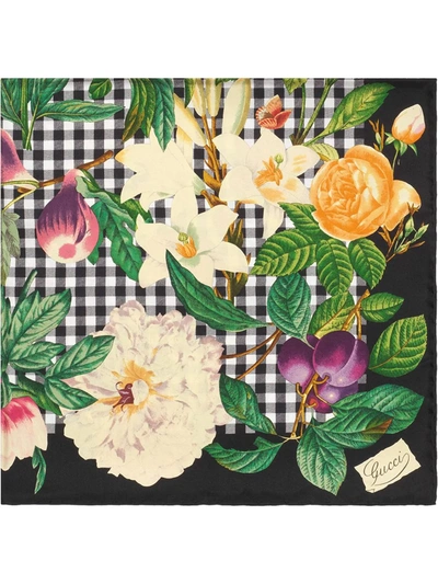 Gucci Flowers And Fruits Print Silk Scarf In Black
