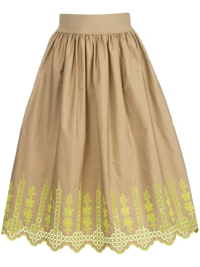Adam Lippes Gathered Broderie Anglaise Cotton-blend Poplin Midi Skirt In Neutrals