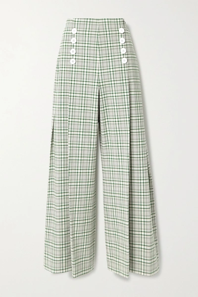 Rosie Assoulin Pleated Checked Cotton-blend Canvas Wide-leg Pants In Green