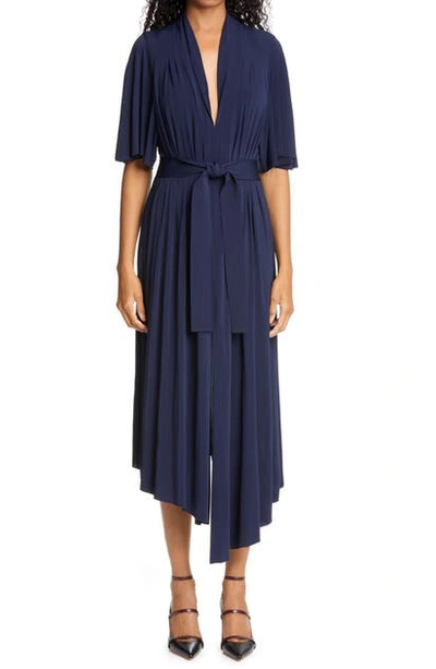 Adam Lippes Asymmetric Belted Pleated Stretch-jersey Midi Dress In Navy