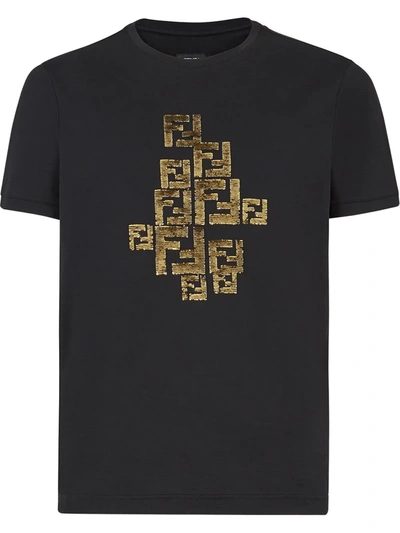 Fendi Golden Shiny Ff Logo T Shirt Black Colour: Black In Noir