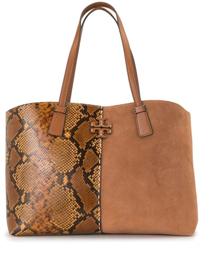 Tory Burch Mcgraw Snake-embossed Leather & Suede Tote In Brown