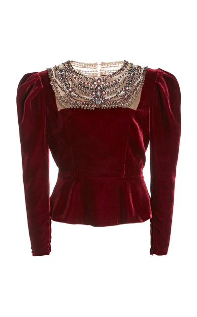 Marchesa Embellished Puffed-sleeve Velvet Top In Red