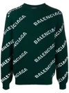 Balenciaga All Over Logo Wool Jacquard Sweater In Green