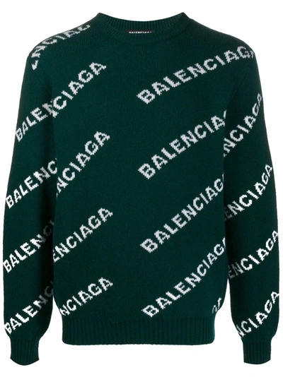 Balenciaga All Over Logo Wool Jacquard Sweater In Green