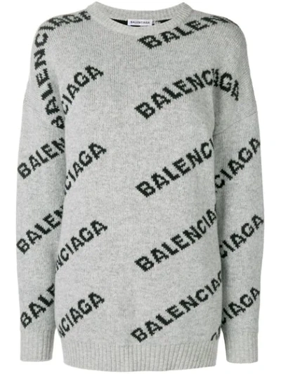 Balenciaga Crewneck Logo Intarsia Wool Sweater In Grey