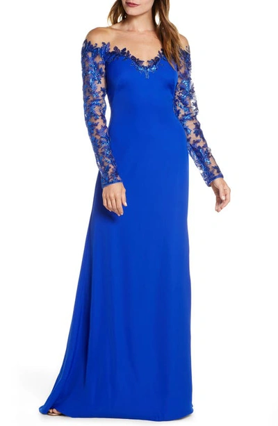 Tadashi Shoji Sheer Yoke Crepe Illusion Gown With Sequin Lace Sleeves In Royal Blue