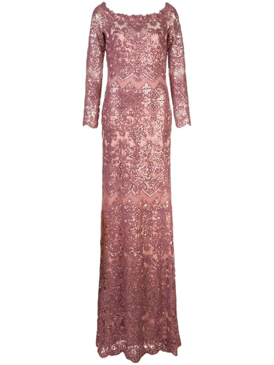Tadashi Shoji Eve Long-sleeve Sequin Embroidered Gown In Pink