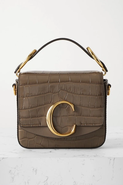 Chloé C Mini Croc-effect Leather Shoulder Bag In Army Green