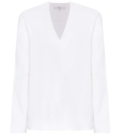 Tibi Chalky Drape V Neck Long Sleeve Top In White