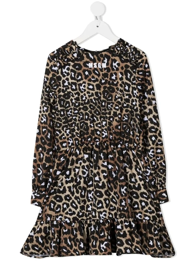 Msgm Kids' Leopard-print Ruffled-hem Dress In Brown