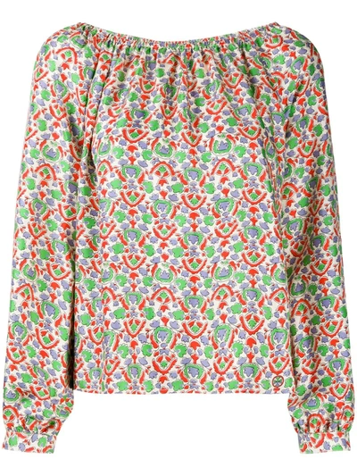 Tory Burch Off The Shoulder Paisley Print Silk Top In Green