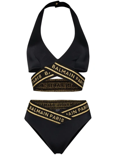 Balmain Halterneck Logo Bikini Set In Black