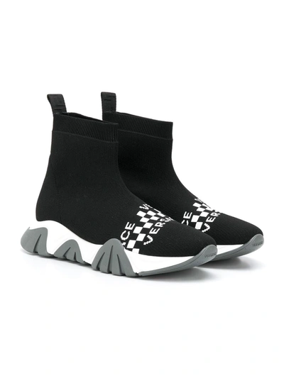 Young Versace Teen Intarsia Knit Hi-top Trainers In Black