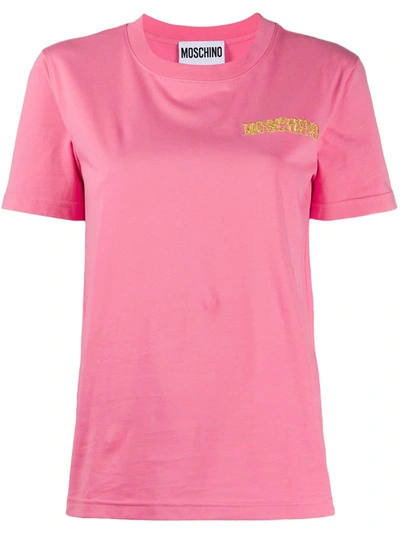 Moschino Cotton T-shirt With Gold Logo Embroidery In Pink