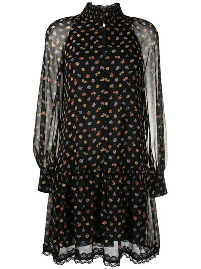See By Chloé Lace-trimmed Floral-print Georgette Dress In Black