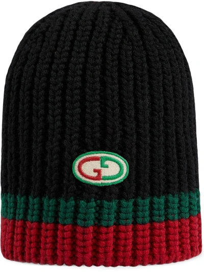 Gucci Babies' Logo-patch Chunky-knit Beanie In Black