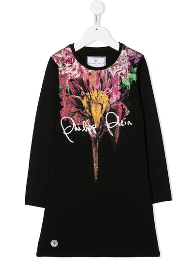 Philipp Plein Junior Kids' Rhinestone Floral Print Dress In Black