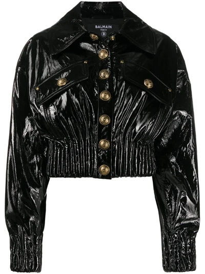 Balmain Varnished Crop Button-up Jacket In Black
