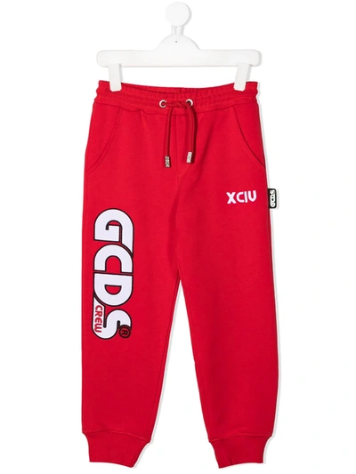 Gcds Kids' Embroidered Logo Cotton Sweatpants In Red