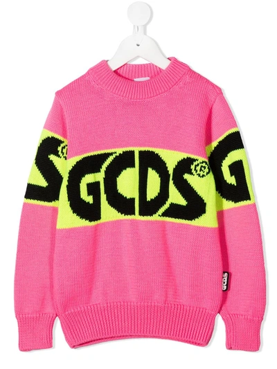 Gcds Kids' Intarsia Wool Blend Knit Sweater In Pink