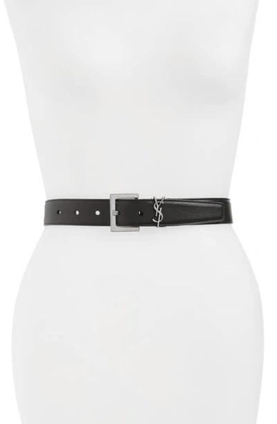 Saint Laurent Black Ysl Leather Belt In Nautical Blue