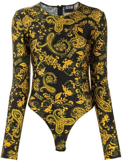 Versace Jeans Couture Signature Barocco Print Sheer Bodysuit In Black