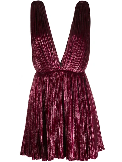 Saint Laurent Raspberry Plunging V-neck Mini Dress In Pleated Lamé Velvet In Red