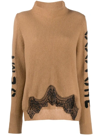 Semicouture Lace-detail Logo Jumper In Brown