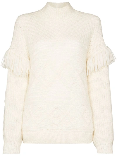 Escvdo Fringed Sleeve Crochet Knit Jumper In White