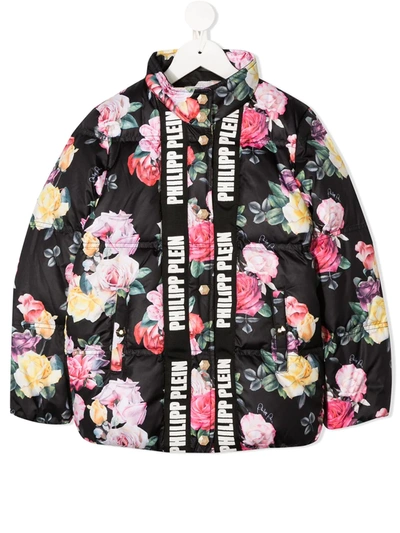 Philipp Plein Kids' Padded Floral Bomber Jacket In Black