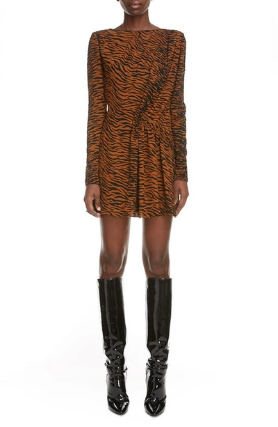 Saint Laurent Tiger Print Ruched Long Sleeve Minidress In Leopard